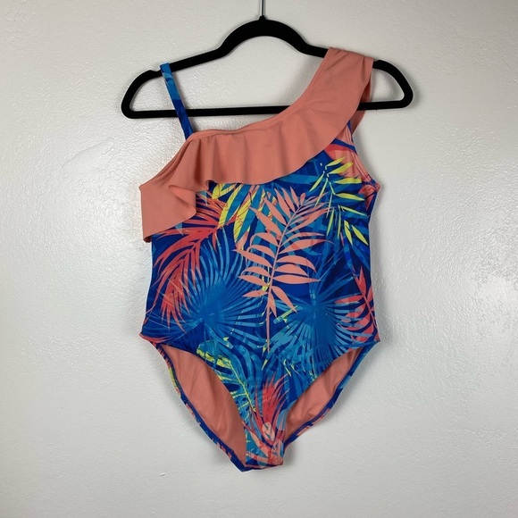 Peyton & Parker One piece Hawaiian Tropical Blue Orange Swimsuit size Large - Picture 1 of 11